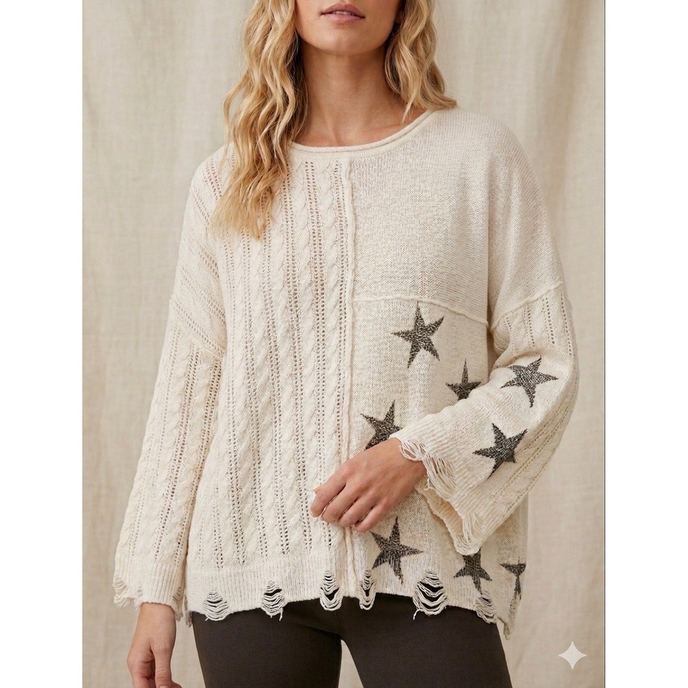 POL Distressed Open Knit Sweater Size L Oversized Star Boho Beach Cover Up
